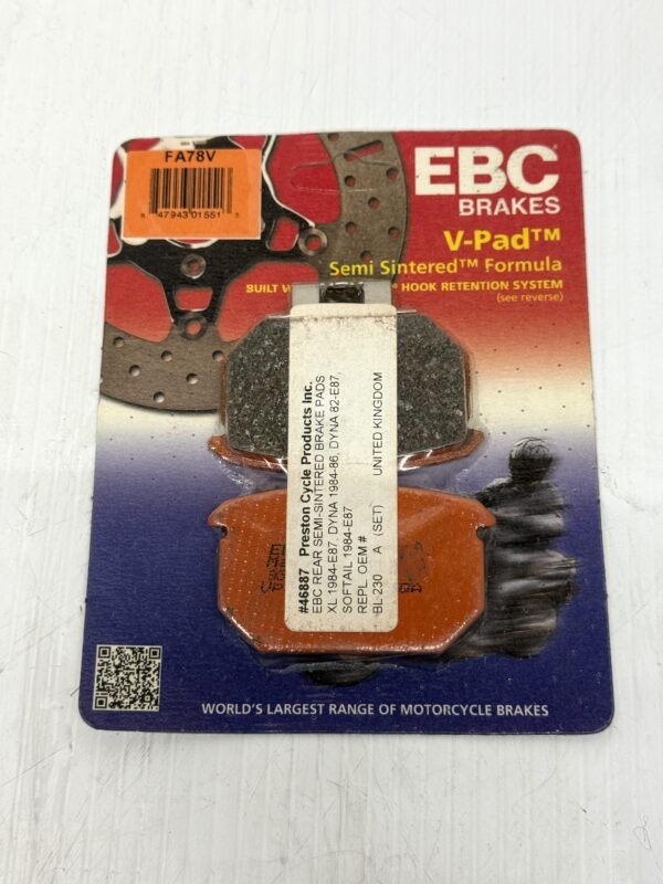 EBC Rear Semi-Sintered Brake Pads FA78V for Harley 1984-E87 Sportster, 1984-86 Dyna, 1984-E87 Softail